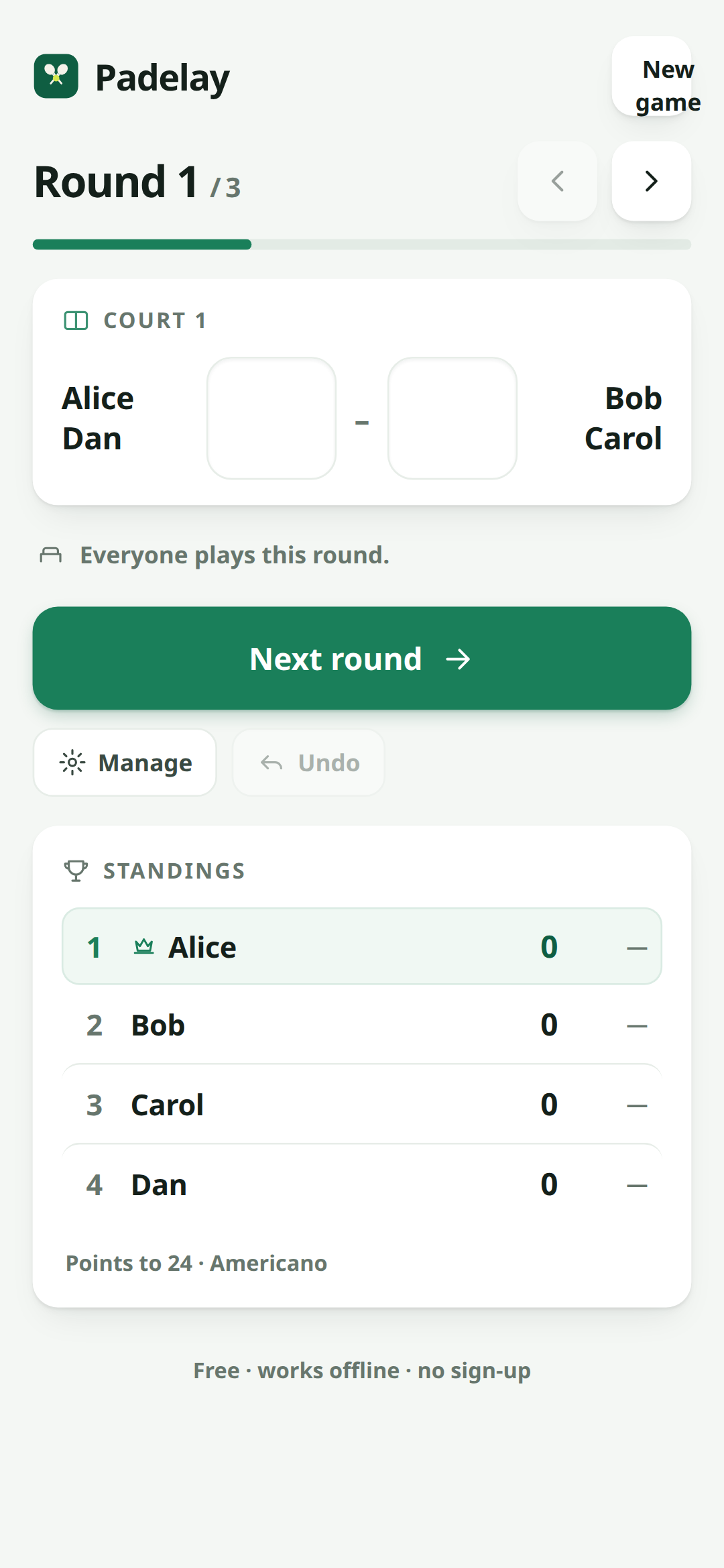 Padelay app showing a live padel Americano round and real-time standings