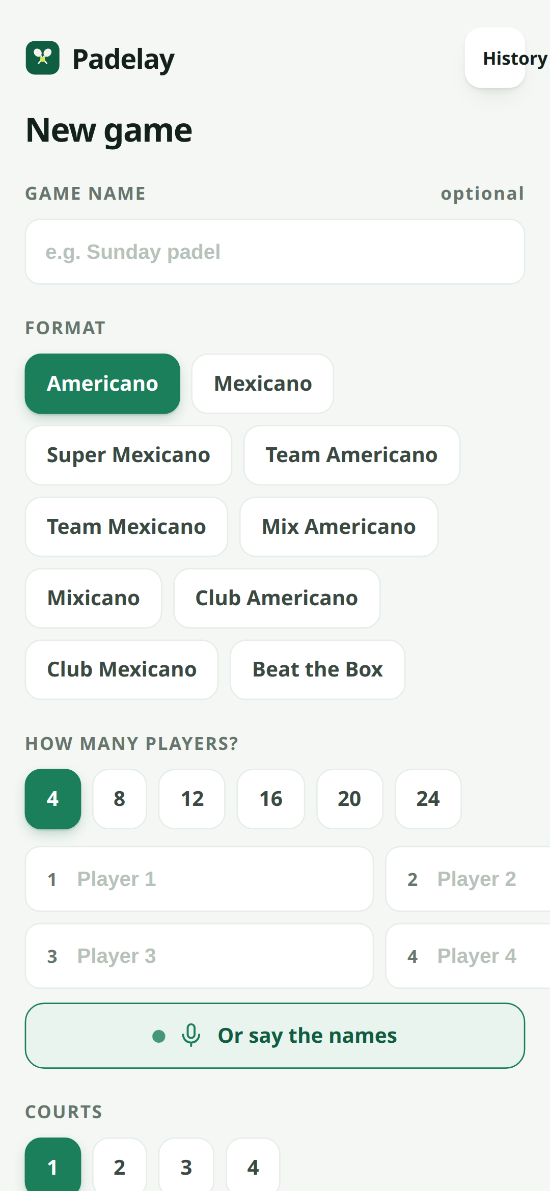 Padelay setup screen — choosing a padel format and adding players